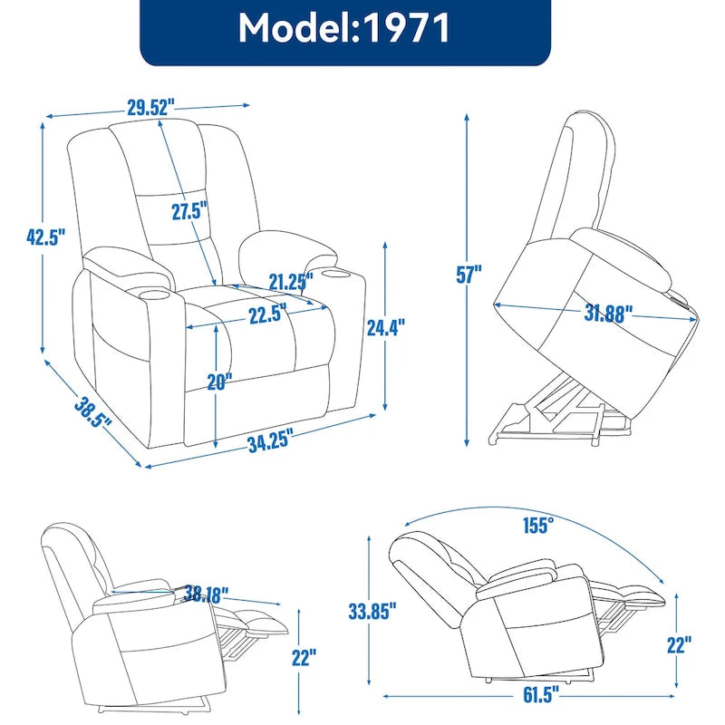 Large Power Lift Recliner Chair with Massage and Heat for Elderly, Wide Recliners, with USB and Type C Ports,2 Cup Holders