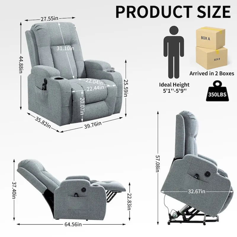Large Power Lift Recliner Chair with Massage and Heat for Elderly, Wide Recliners, with USB and Type C Ports,2 Cup Holders