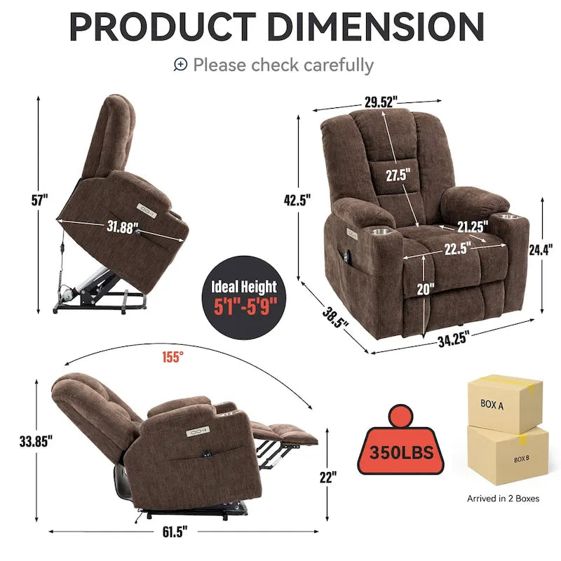 Large Power Lift Recliner Chair with Massage and Heat for Elderly, Wide Recliners, with USB and Type C Ports,2 Cup Holders