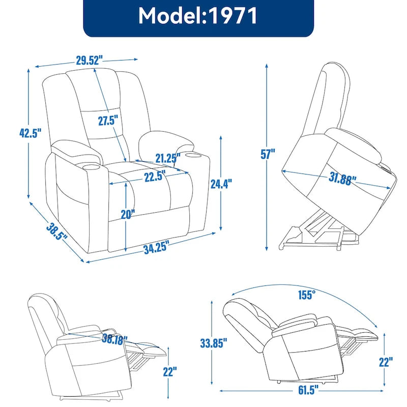 Large Power Lift Recliner Chair with Massage and Heat for Elderly, Wide Recliners, with USB and Type C Ports,2 Cup Holders