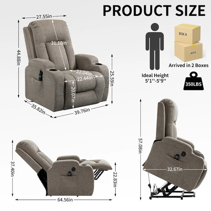 Large Power Lift Recliner Chair with Massage and Heat for Elderly, Wide Recliners, with USB and Type C Ports,2 Cup Holders