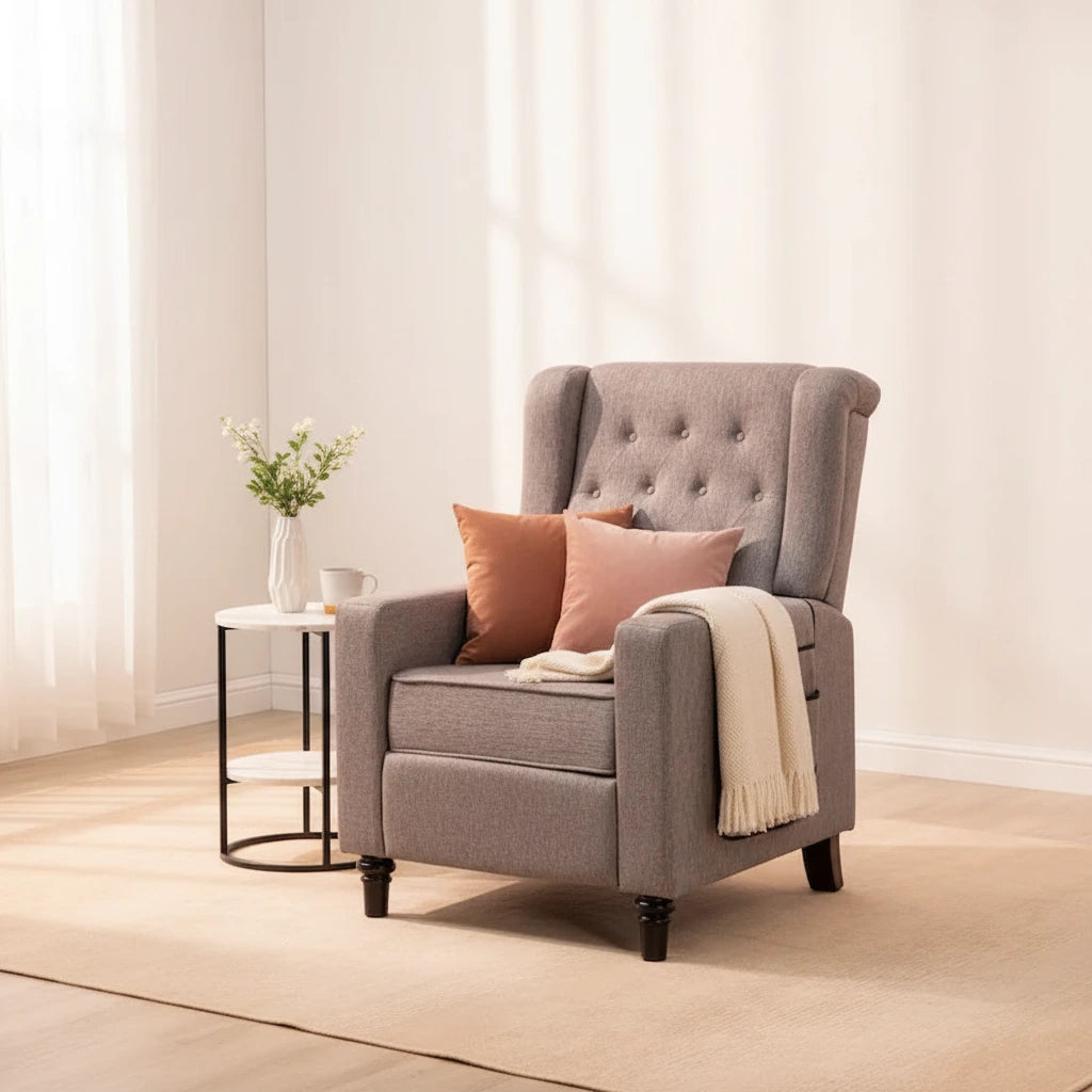Arm Pushing Recliner Chair,Button Tufted Wingback Recliner Chair,Fabric Pushback Manual Single Sofa Home Theater Seating
