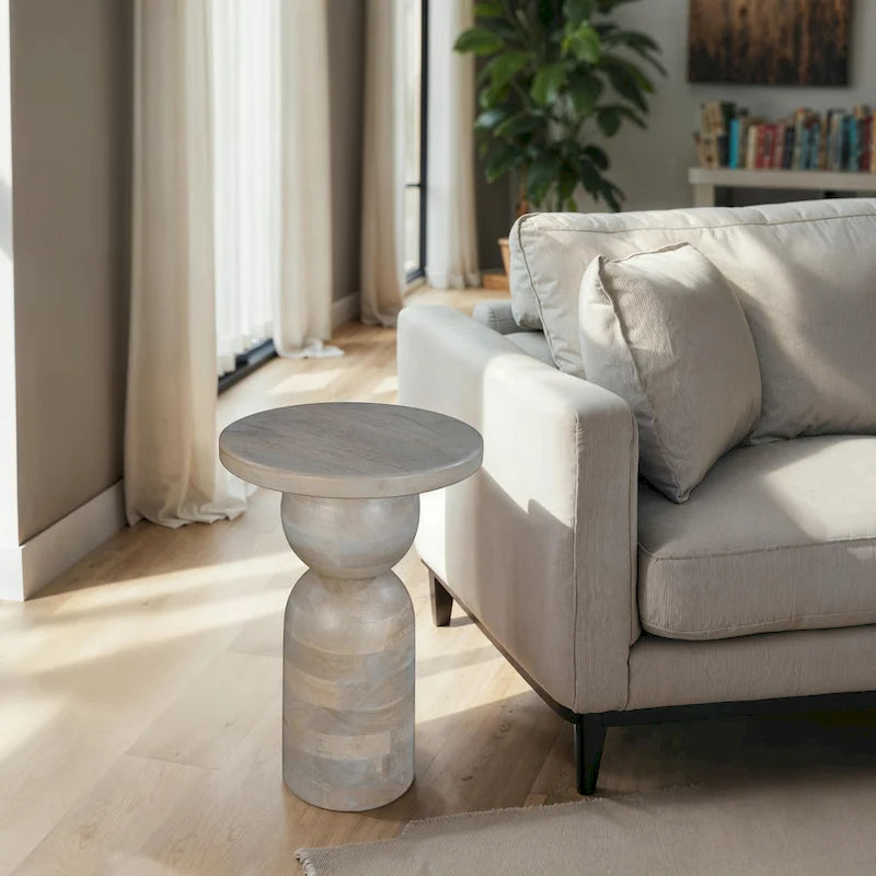 12 Inch Round Side End Table, Turned Pedestal Base, Beige Mango Wood in Natural Brown Finish