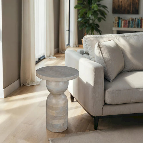 12 Inch Round Side End Table, Turned Pedestal Base, Beige Mango Wood in Natural Brown Finish