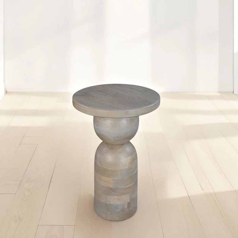 12 Inch Round Side End Table, Turned Pedestal Base, Beige Mango Wood in Natural Brown Finish
