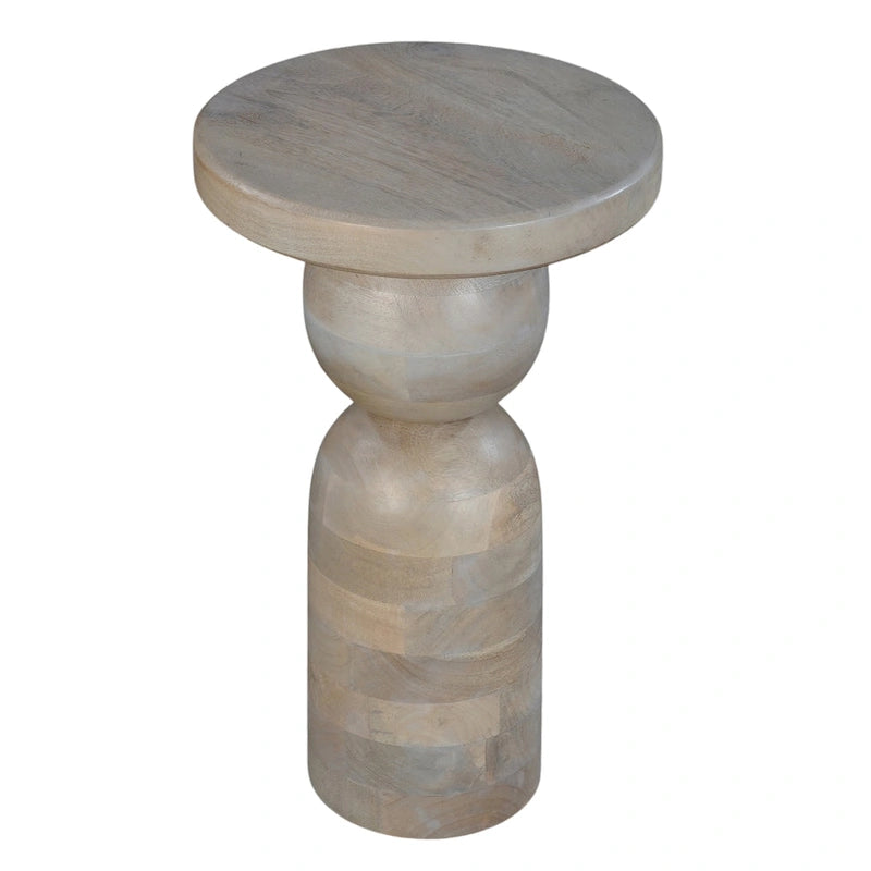 12 Inch Round Side End Table, Turned Pedestal Base, Beige Mango Wood in Natural Brown Finish