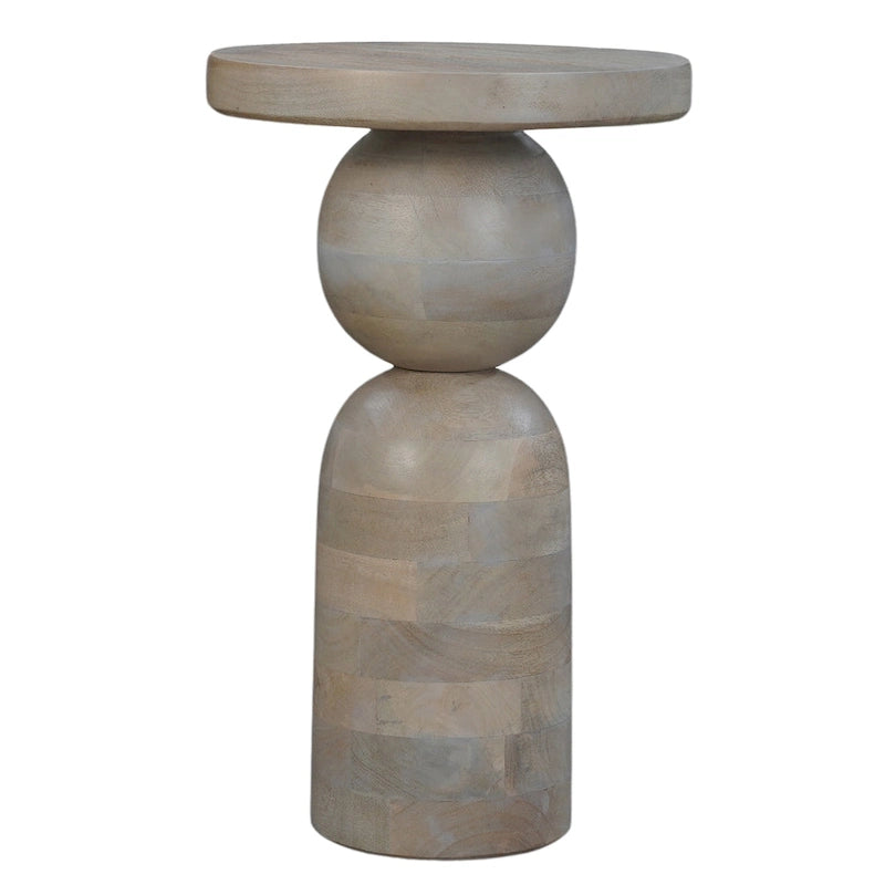 12 Inch Round Side End Table, Turned Pedestal Base, Beige Mango Wood in Natural Brown Finish