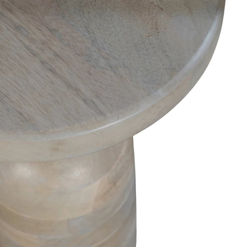 12 Inch Round Side End Table, Turned Pedestal Base, Beige Mango Wood in Natural Brown Finish