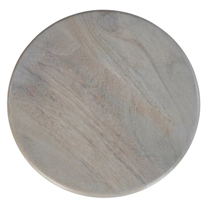12 Inch Round Side End Table, Turned Pedestal Base, Beige Mango Wood in Natural Brown Finish