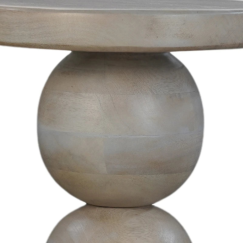 12 Inch Round Side End Table, Turned Pedestal Base, Beige Mango Wood in Natural Brown Finish