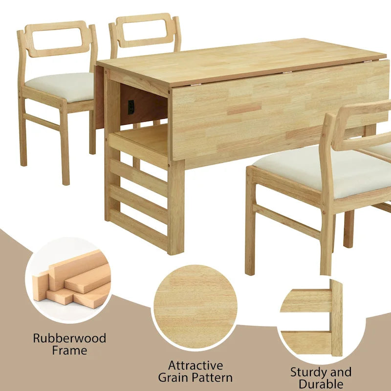 Wood Dining Table Set for 4, Extendable Square Kitchen Table Set with Two Drop Leaves, Storage Shelf and 4 Upholstered Chairs