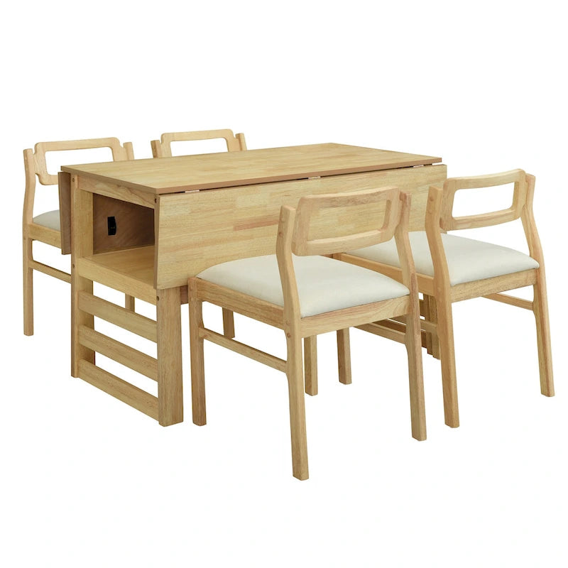 Wood Dining Table Set for 4, Extendable Square Kitchen Table Set with Two Drop Leaves, Storage Shelf and 4 Upholstered Chairs