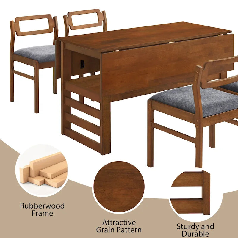 Wood Dining Table Set for 4, Extendable Square Kitchen Table Set with Two Drop Leaves, Storage Shelf and 4 Upholstered Chairs
