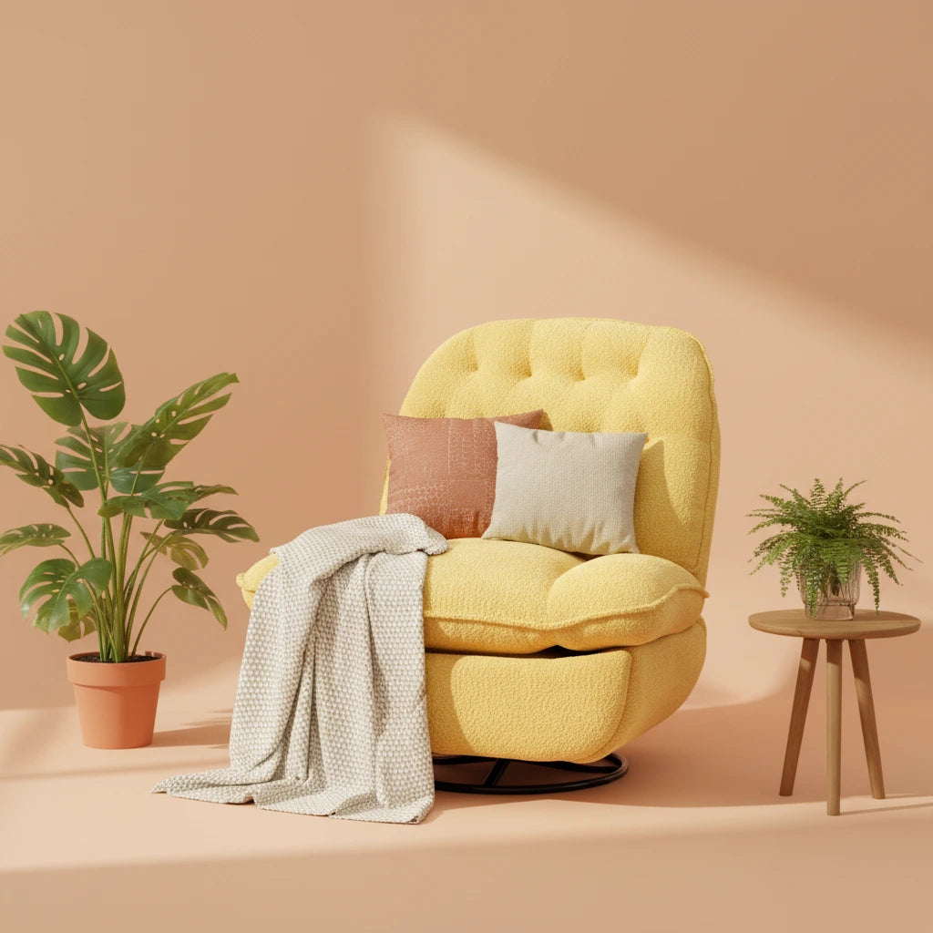 Yellow Oversized Chenille Upholstered 360 Swivel Glider Rocking Manual Recliner with Extended Footrest and Tufted Back