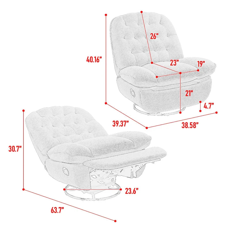Yellow Oversized Chenille Upholstered 360 Swivel Glider Rocking Manual Recliner with Extended Footrest and Tufted Back