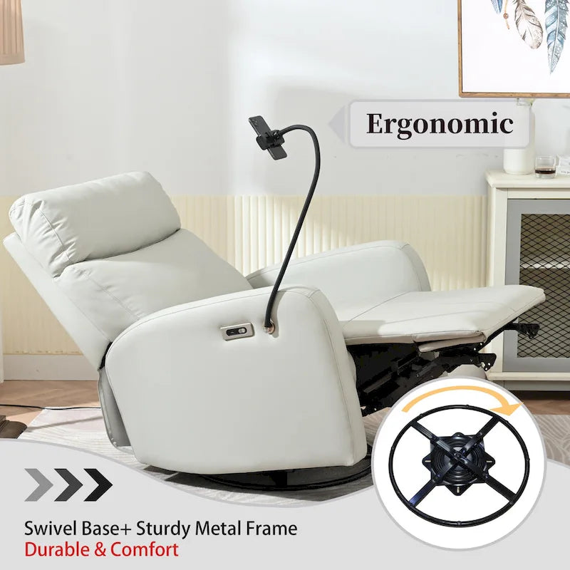 Grey Power Recliner with Swivel, USB Ports & Adjustable Footrest
