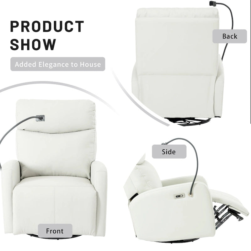 Grey Power Recliner with Swivel, USB Ports & Adjustable Footrest