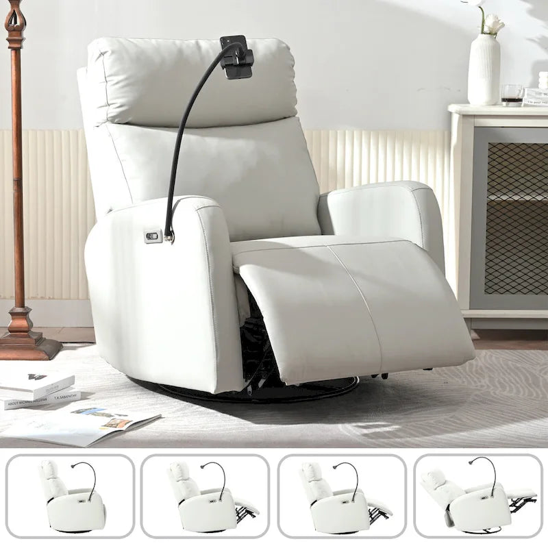 Grey Power Recliner with Swivel, USB Ports & Adjustable Footrest