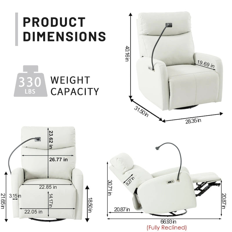 Grey Power Recliner with Swivel, USB Ports & Adjustable Footrest
