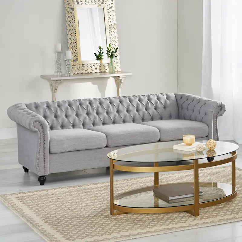 Button Tufted 3-seater Sofa with Nailheads