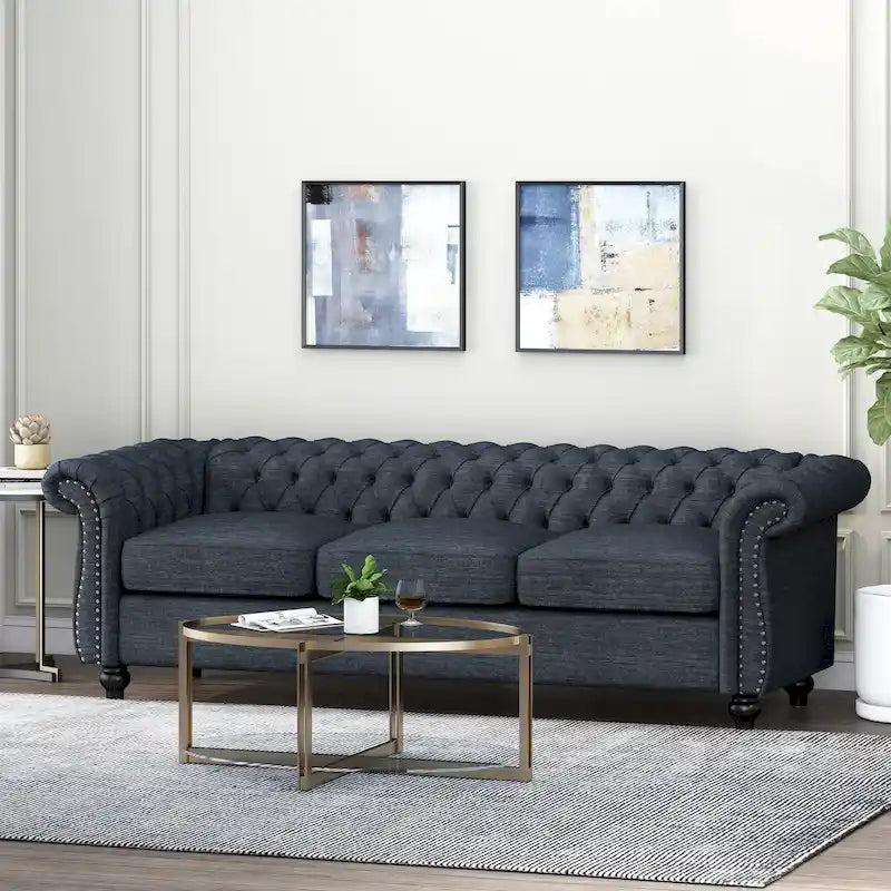 Button Tufted 3-seater Sofa with Nailheads