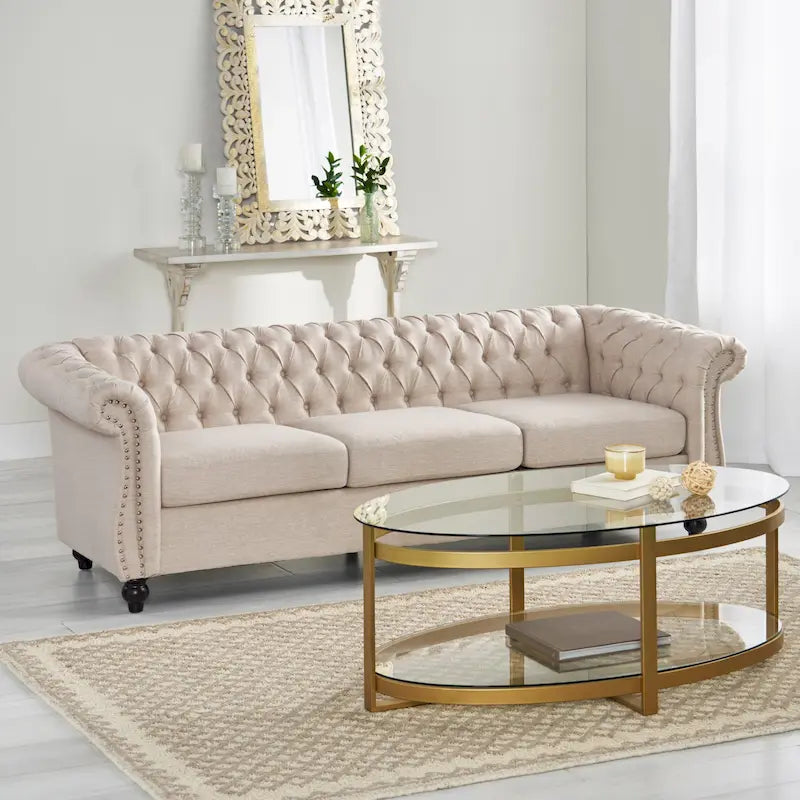 Button Tufted 3-seater Sofa with Nailheads