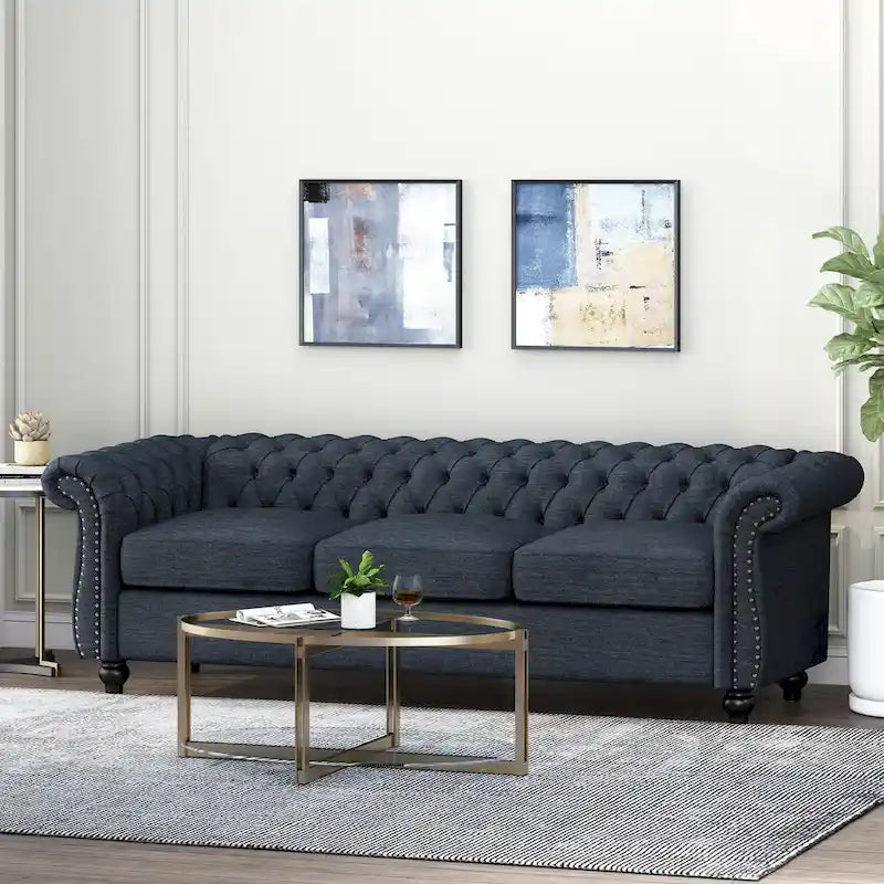 Button Tufted 3-seater Sofa with Nailheads