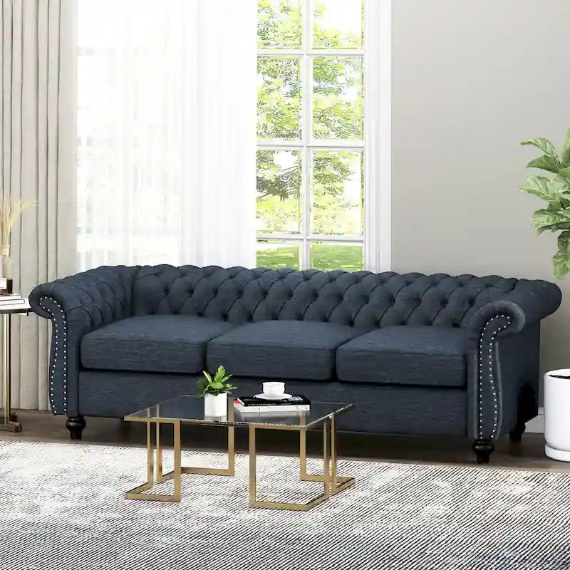Button Tufted 3-seater Sofa with Nailheads