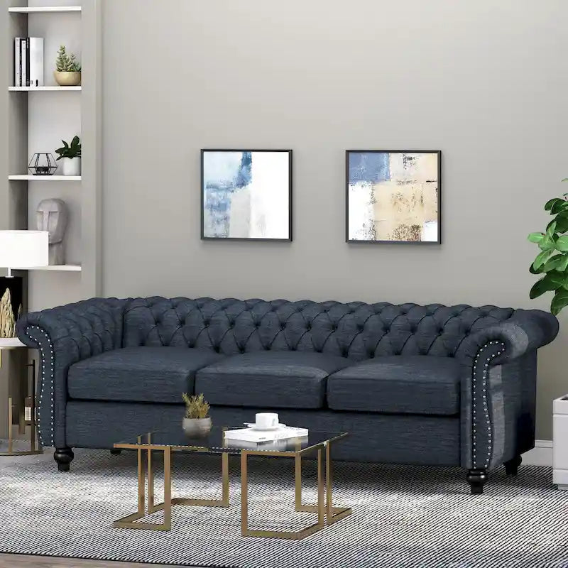 Button Tufted 3-seater Sofa with Nailheads