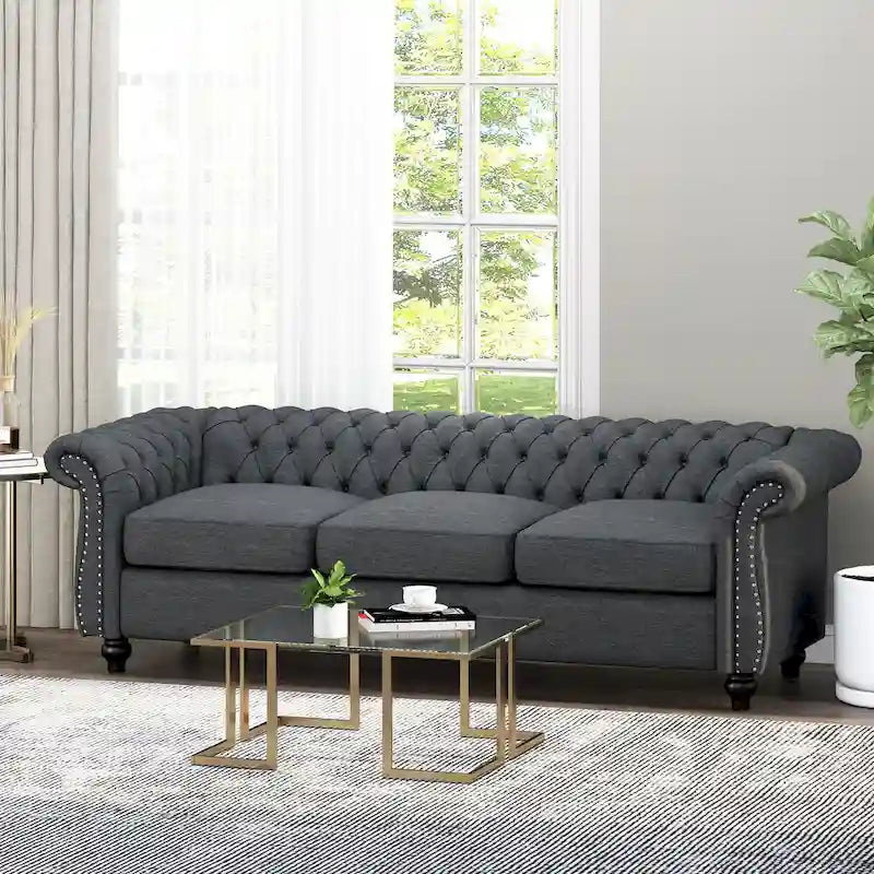 Button Tufted 3-seater Sofa with Nailheads