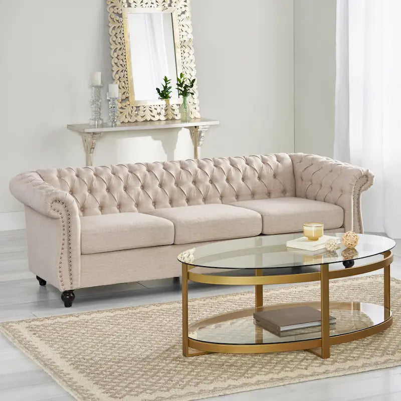 Button Tufted 3-seater Sofa with Nailheads