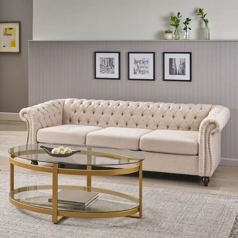 Button Tufted 3-seater Sofa with Nailheads