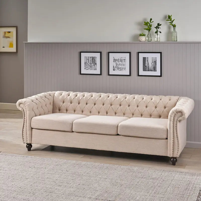 Button Tufted 3-seater Sofa with Nailheads