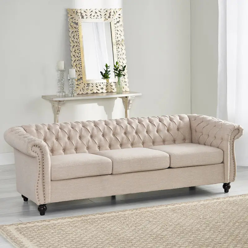 Button Tufted 3-seater Sofa with Nailheads