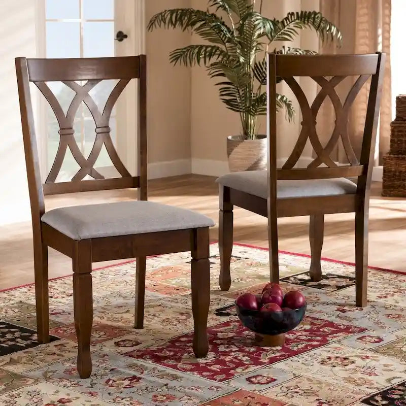 Armless Cushioned Dining Chairs in Grey & Walnut Brown