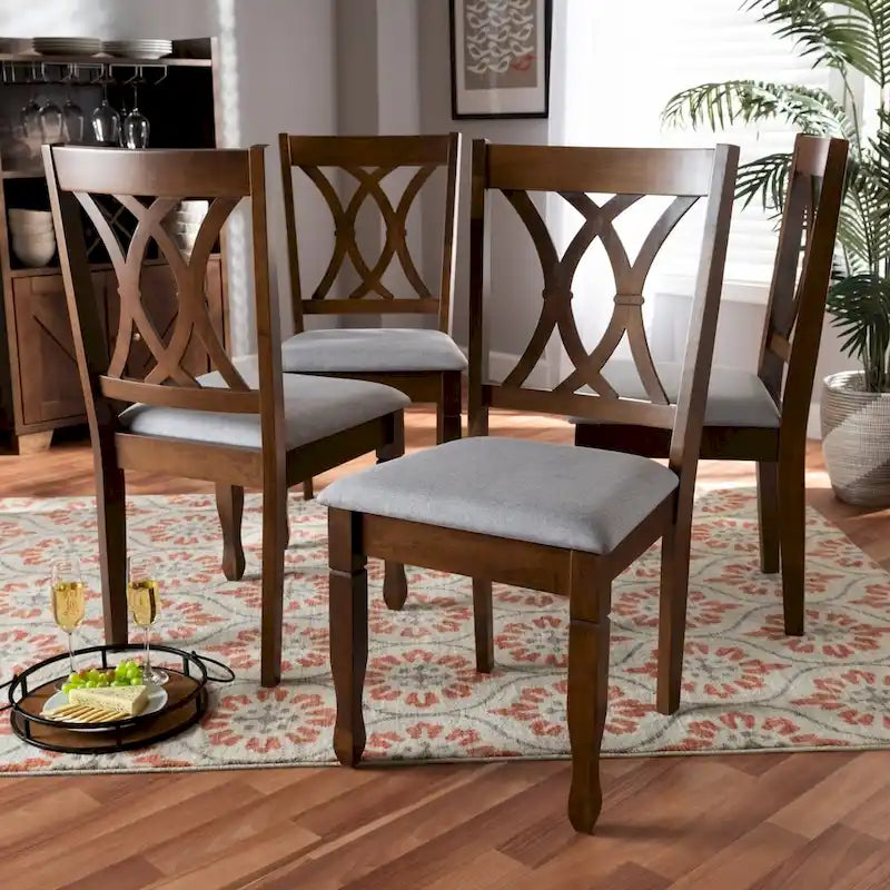 Armless Cushioned Dining Chairs in Grey & Walnut Brown