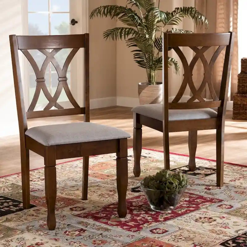 Armless Cushioned Dining Chairs in Grey & Walnut Brown