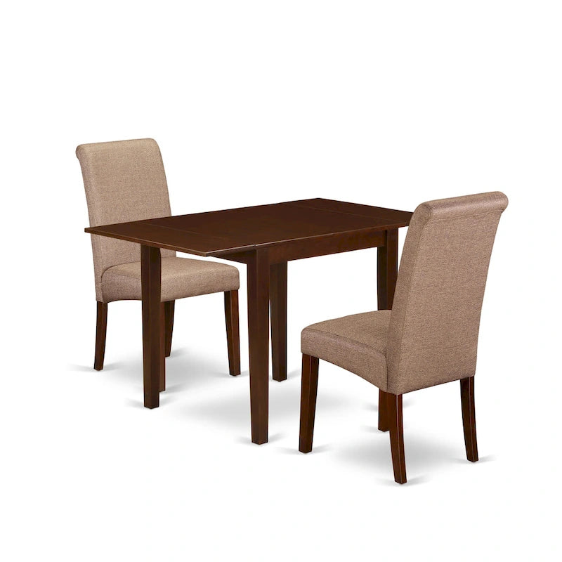 Rectangle Kitchen Table Set with Drop Leaves, Brown Linen Dining Chairs, Mahogany (Pieces Option)