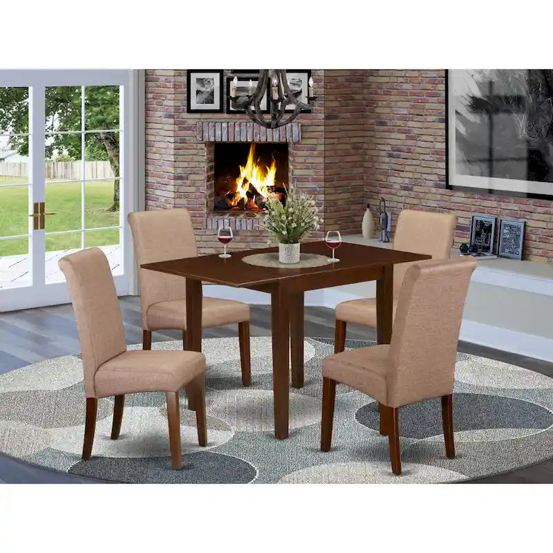 Rectangle Kitchen Table Set with Drop Leaves, Brown Linen Dining Chairs, Mahogany (Pieces Option)