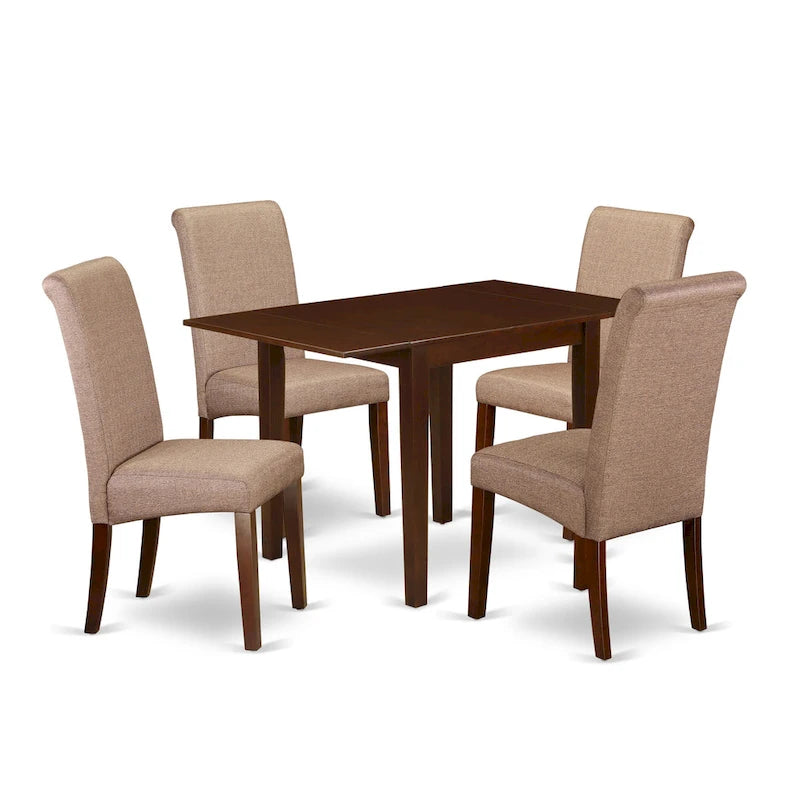 Rectangle Kitchen Table Set with Drop Leaves, Brown Linen Dining Chairs, Mahogany (Pieces Option)