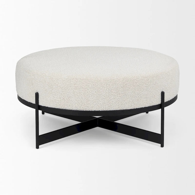 Cream Boucle Fabric Round Ottoman with Black Metal Frame