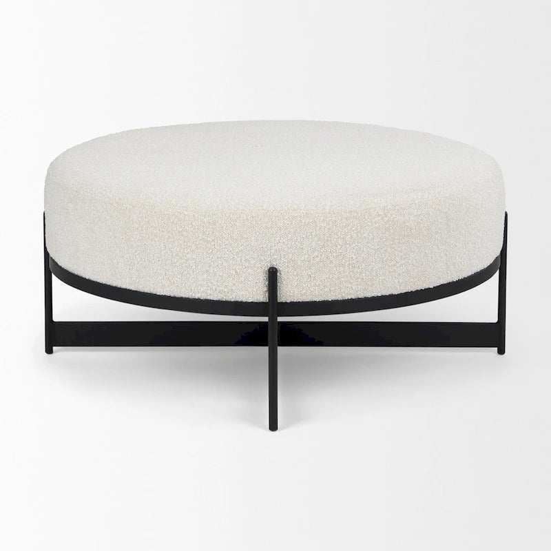 Cream Boucle Fabric Round Ottoman with Black Metal Frame