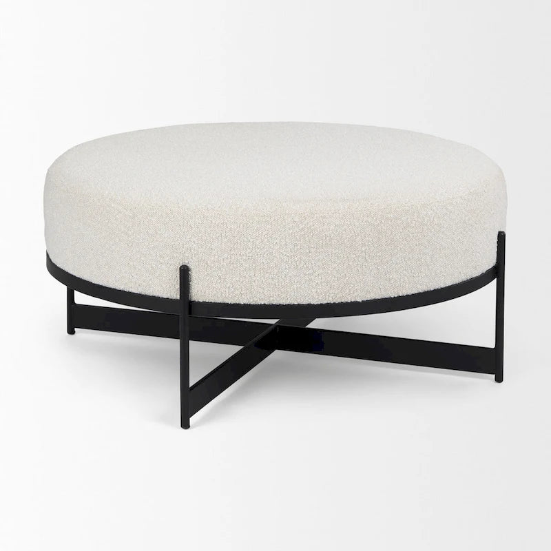 Cream Boucle Fabric Round Ottoman with Black Metal Frame