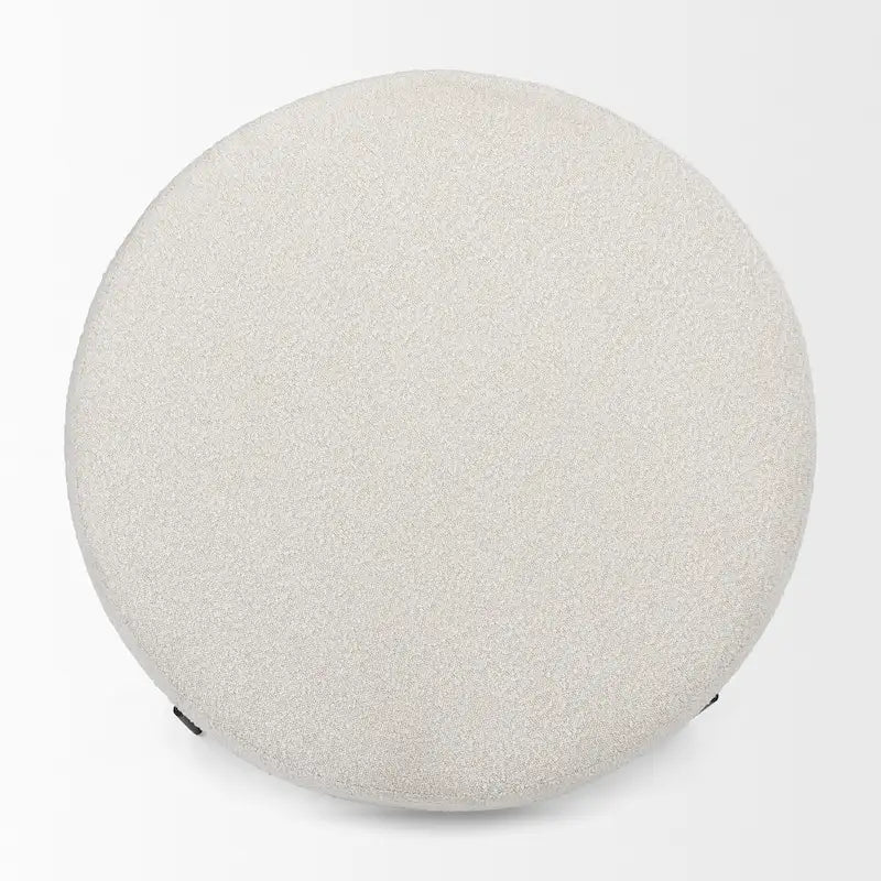 Cream Boucle Fabric Round Ottoman with Black Metal Frame