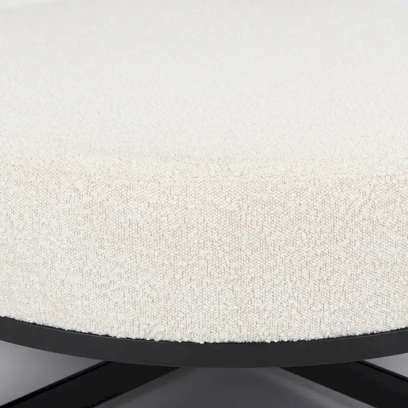 Cream Boucle Fabric Round Ottoman with Black Metal Frame