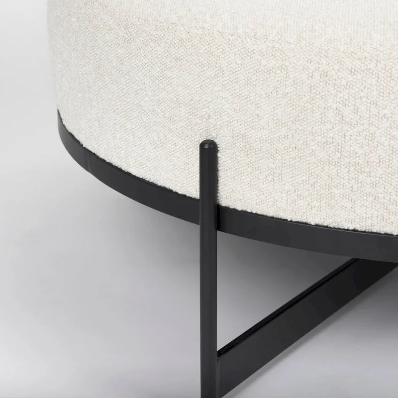 Cream Boucle Fabric Round Ottoman with Black Metal Frame