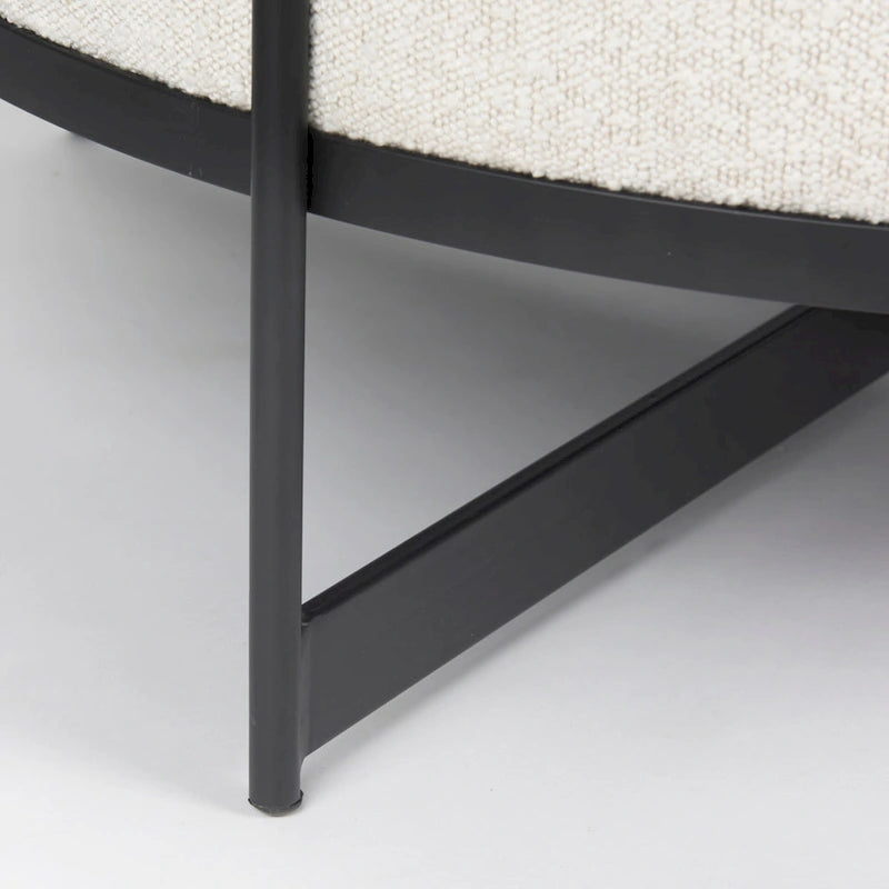 Cream Boucle Fabric Round Ottoman with Black Metal Frame
