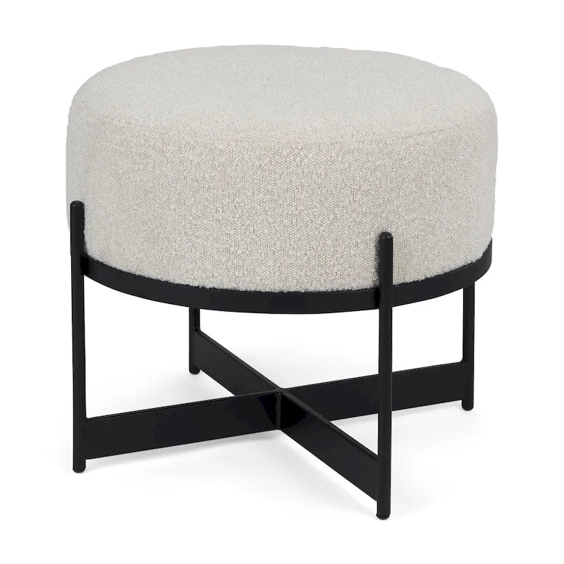 Cream Boucle Fabric Round Ottoman with Black Metal Frame