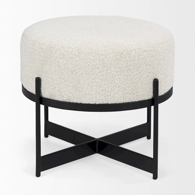 Cream Boucle Fabric Round Ottoman with Black Metal Frame