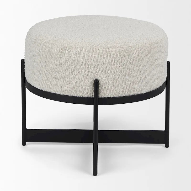 Cream Boucle Fabric Round Ottoman with Black Metal Frame